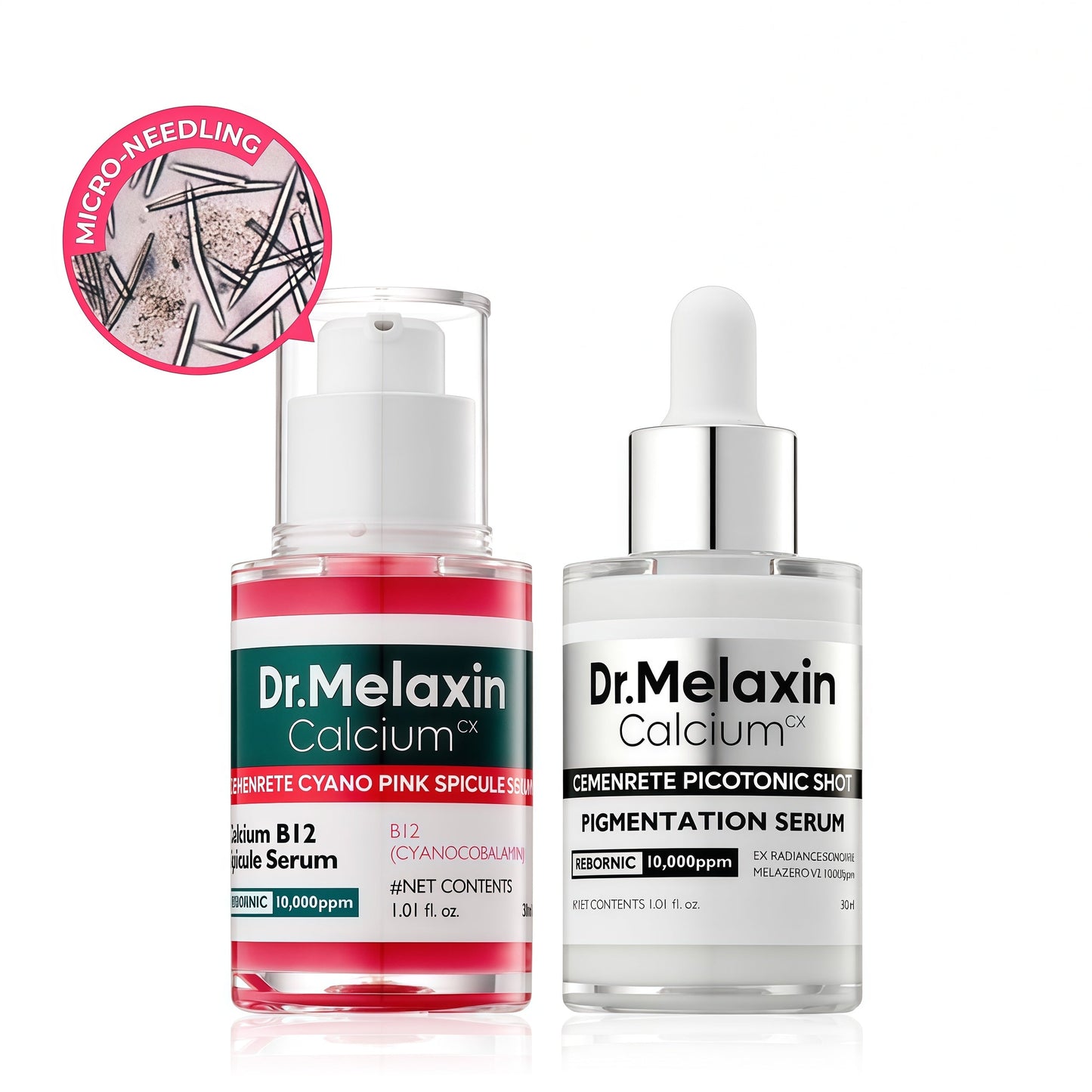 Dr. Melaxin Cemenrete Serum Duo Set 2-Pack Bundle (Cyano Pink Spicule Serum w/ Calcium + Picotonic Shot Calcium Serum) Firming, Pore Tightening, Collagen & Dark Spot Care, 1.01 fl oz Each